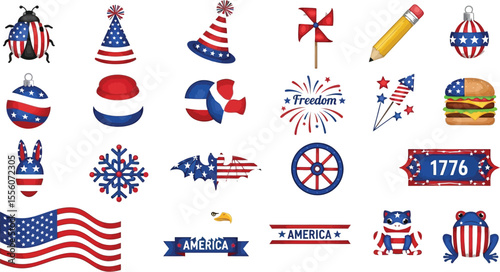 Patriotic icons and symbols featuring american flag designs for fourth of july celebrations and decorations