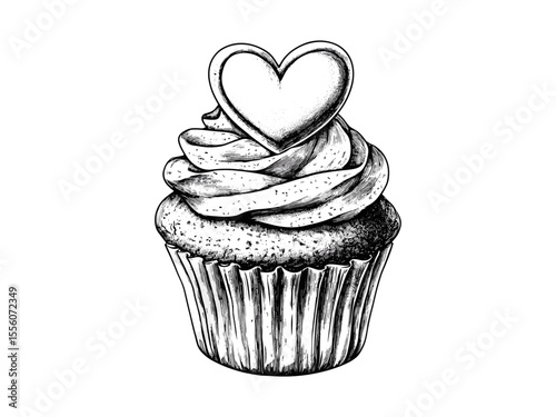 Sweet Valentine cupcake with heart engraving, vintage black sketch, hand-drawn romantic dessert, old engraving style, trendy seasonal icon, love treat drawing, retro Valentine design