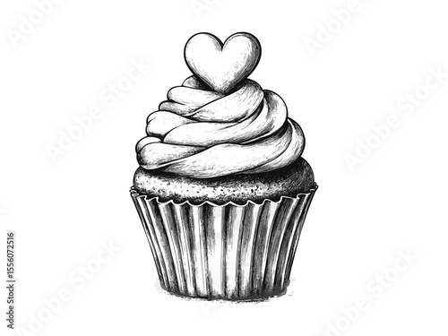 Valentine cupcake with heart topping, vintage sketch style, hand-drawn romantic motif, sweet holiday dessert, black engraving, seasonal icon, love pastry art, retro food illustration