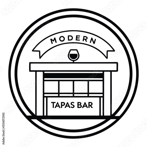 Modern tapas bar logo with wine glass icon and circular frame isolated on white background