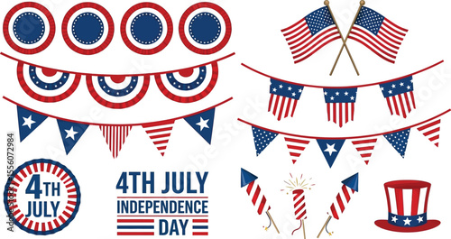 Illustration of patriotic decorations for fourth of july independence day celebration with flags and bunting