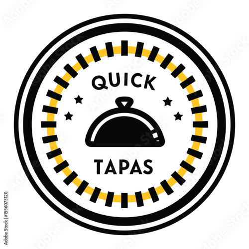 Modern circular logo with the words quick tapas and a stylized food cover icon isolated on white background