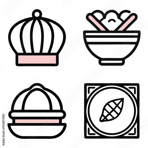 Four simple line art icons representing a crown a bowl of food a citrus juicer and a cacao bean isolated on white background