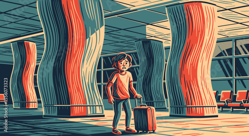 Young person with hodophobia fear of travel holding suitcase at airport with twisted columns.  Person stands in airport terminal waiting for flight departure.