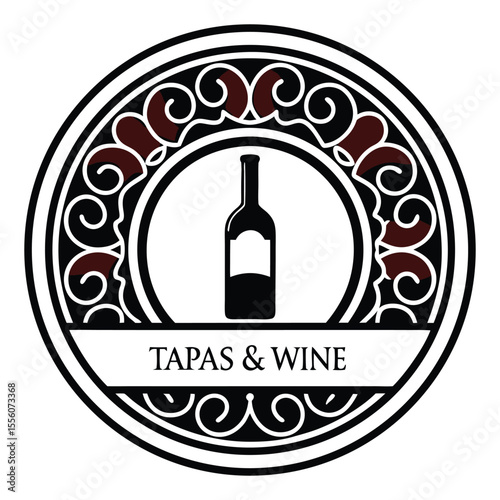 Elegant circular logo featuring a black wine bottle silhouette and the text tapas and wine isolated on white background