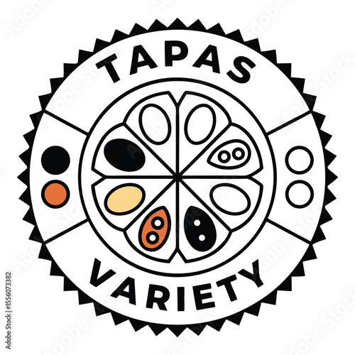 Tapas variety emblem with sliced fruit and dots isolated on white background