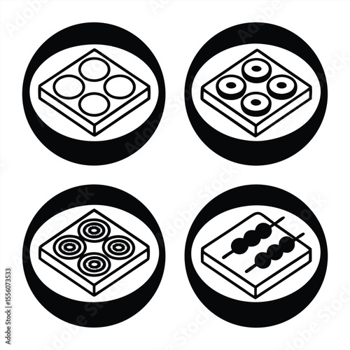 Four isometric icons representing different food items on plates isolated on white background