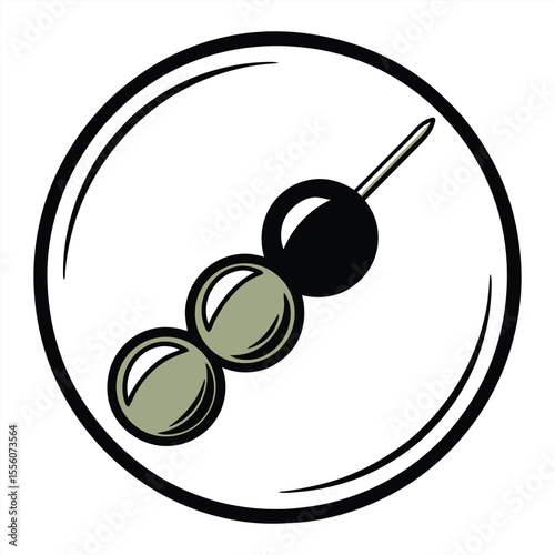 Stylized illustration of dango a japanese sweet dumpling on a skewer within a circle isolated on white background