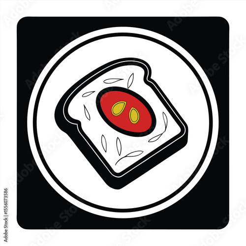 Stylized illustration of a slice of toast with a fried egg and tomato on a white background isolated on white background