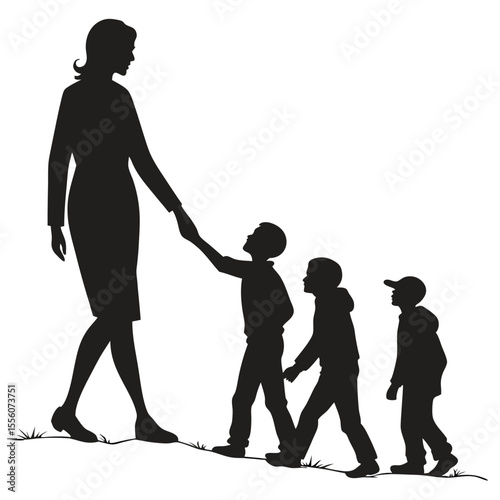Silhouette of Mother and Three Children Walking: Family Unity and Growth
