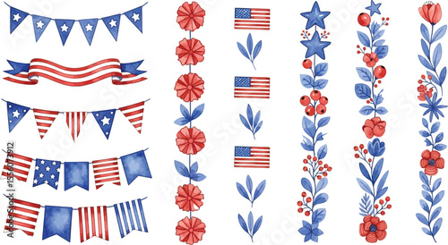Watercolor patriotic elements featuring flags banners floral arrangements and star decorations