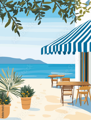 Flat vector of a Mediterranean beach café with blue awning, sea view, and rustic decor. Perfect for travel content, coastal branding, or summer-themed editorial designs