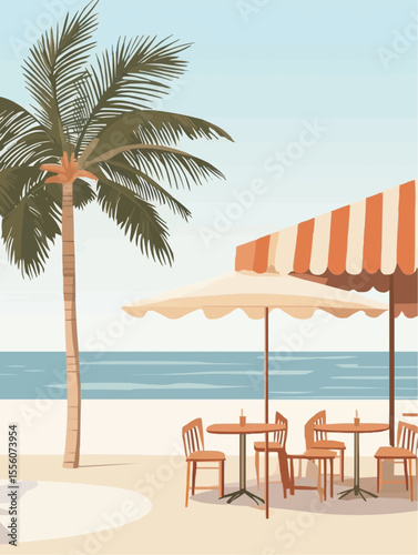 Vector illustration of a cozy beach café with striped awning, tables and palm trees in a quiet coastal setting. Suitable for travel content, summer branding, or editorial design.