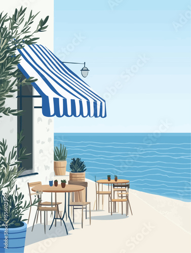 Flat vector of a Mediterranean beach café with blue awning, sea view, and rustic decor. Perfect for travel content, coastal branding, or summer-themed editorial designs