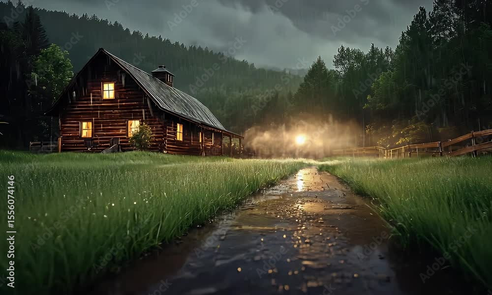 Log cabin in the woods after rain