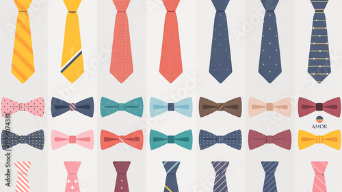 A flat, minimalist illustration of a collection of ties and bow ties arranged in two rows against a white background.