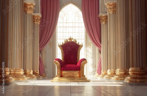 Regal Majesty: A Golden Throne Awaits in a Grand Hall of Pillars and Rich Fabrics