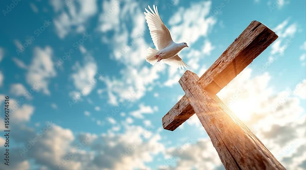 A cross under a blue sky background, a white pigeon flies over it.