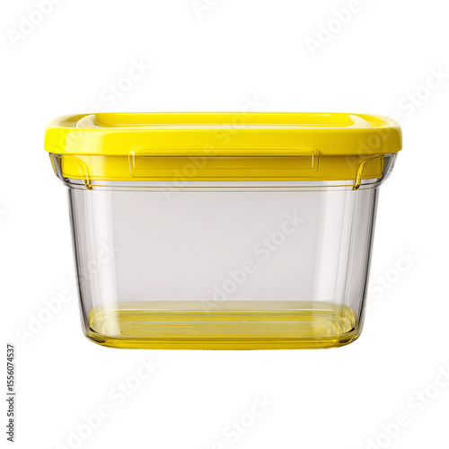 Yellow Lidded Storage Container: A clear rectangular plastic food storage container with a bright yellow lid, perfect for storing leftovers or organizing pantry items. 