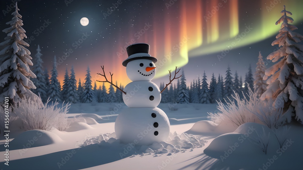 Fototapeta premium Snowman under the northern lights in a snowy lapland landscape