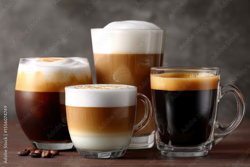 Four distinct coffee beverages in clear glass containers are arranged closely together on a wooden surface with scattered coffee beans Four distinct coffee beverages in clear glass containers are arranged closely together on a wooden surface with scattered coffee beans