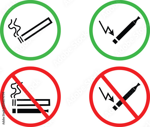  A set of four circular icons representing smoking and vaping regulations. Two icons feature a green border, with one depicting a lit cigarette and smoke, and the other showing an electronic cigarette