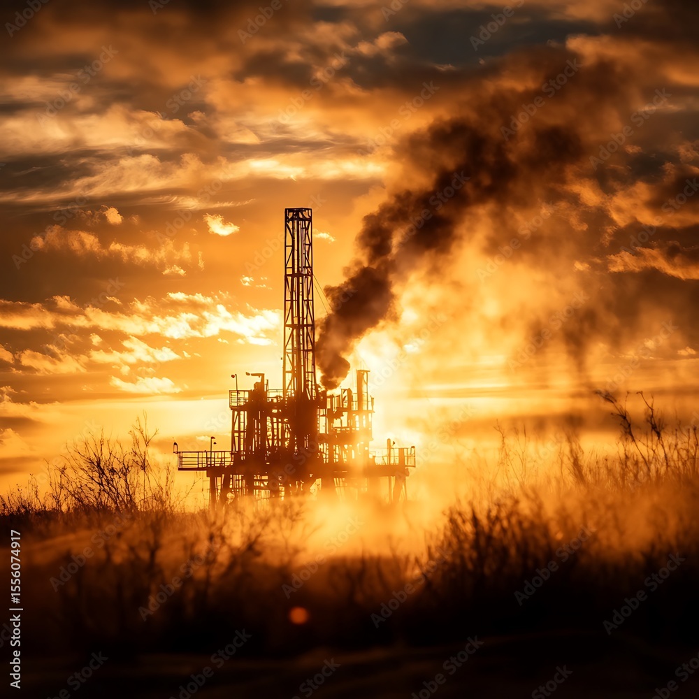 Fototapeta premium Industrial Oil Rig at Sunset with Dramatic Clouds and Smoke in an Expansive Landscape