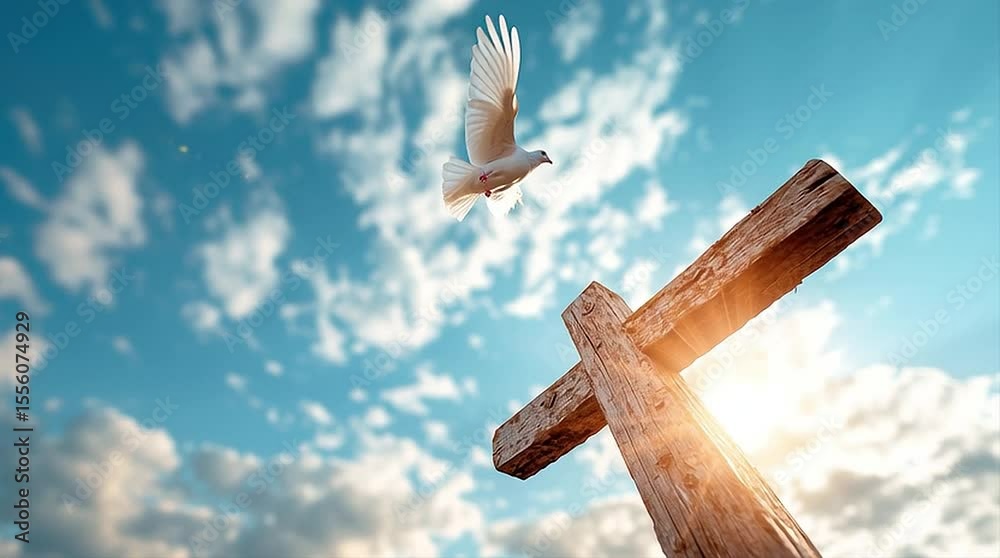 A cross under a blue sky background, a white pigeon flies over it.