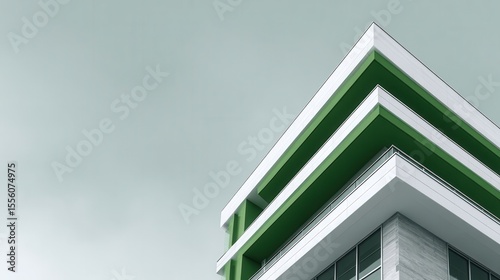 Modern architectural design featuring green and white geometric building elements.