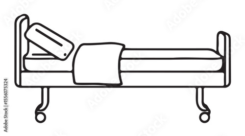 A vector line art illustration of a hospital bed with a pillow and blanket, featuring wheels at the base, suggesting mobility or a medical setting.