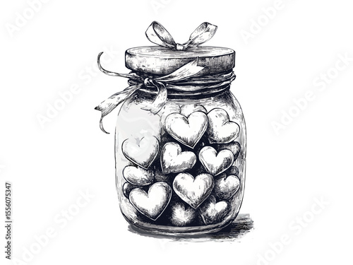 Valentine jar of hearts engraving, vintage romantic decor, black sketch style, old engraving art, love motif, antique illustration, classic holiday design, retro charm, timeless romance