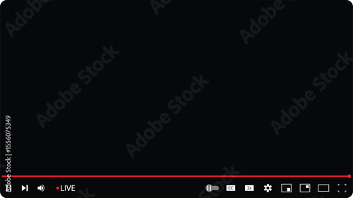  A vector illustration of a modern video player interface, featuring a black screen, a red progress bar, and playback controls including play/pause, volume, live indicator, microphone, closed captions