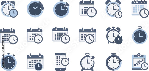 Collection of time management icons featuring clocks, calendars, smartphones and charts for planning and schedule concepts