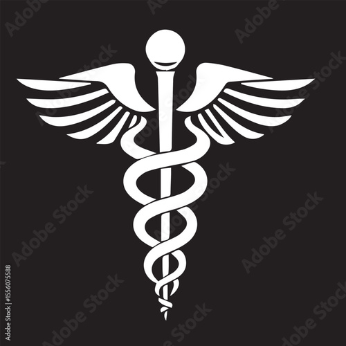A white caduceus symbol, featuring a staff entwined by two snakes and topped with wings, on a black background. Commonly associated with medicine.