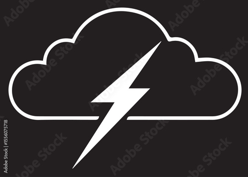 A bold white lightning bolt striking through a cloud outline on a black background, representing a storm, power, or inclement weather.