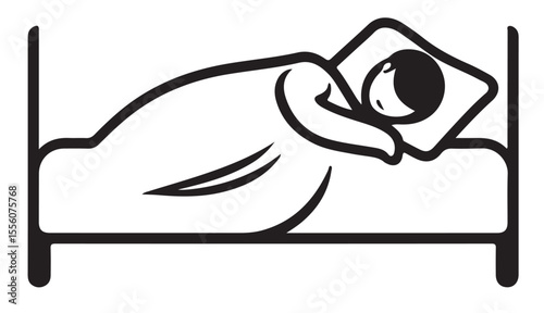 A line art vector depicts a person sleeping peacefully in bed, covered by a blanket, symbolizing rest or bedtime.