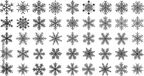 Diverse snowflake collection shows detailed frost crystal designs on a clean white background providing winter themed illustration material.