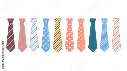 A flat, minimalist illustration of ten neck ties arranged in a horizontal line against a white background.