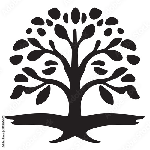 A minimalist black and white vector image of a tree with a wide, rounded canopy and visible roots, symbolizing nature, growth, or life.