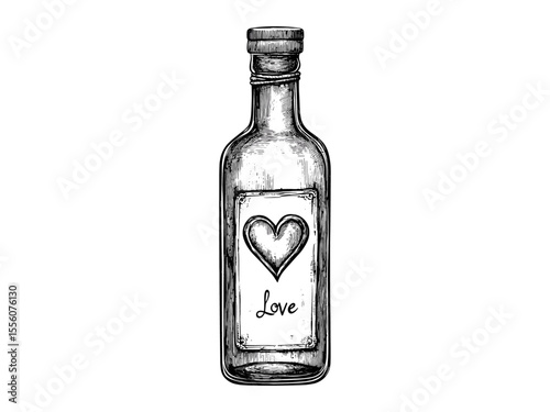 Valentine love message in bottle engraving, vintage romantic decor sketch, trendy love holiday artwork, old engraving style illustration, nostalgic gift design, heartfelt message art