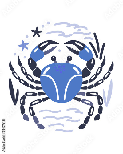 Stylized Blue Crab Illustration with Sea Elements