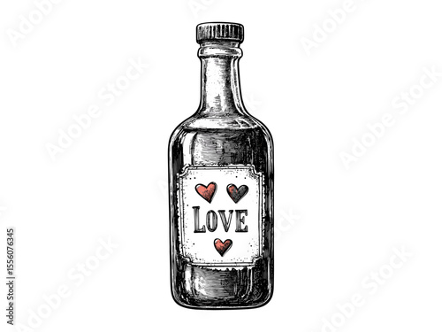 Vintage Valentine love message engraving in bottle, romantic black sketch style, trendy old engraving artwork, heartfelt holiday decor, nostalgic love symbol, classic romantic illustration