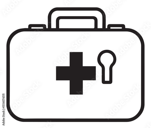A minimalist line art vector illustration of a first aid kit, marked with a cross and a keyhole, symbolizing medical readiness and security.