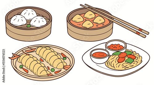 Assorted Asian Cuisine Vector Illustration with Dumplings Tempura Curry