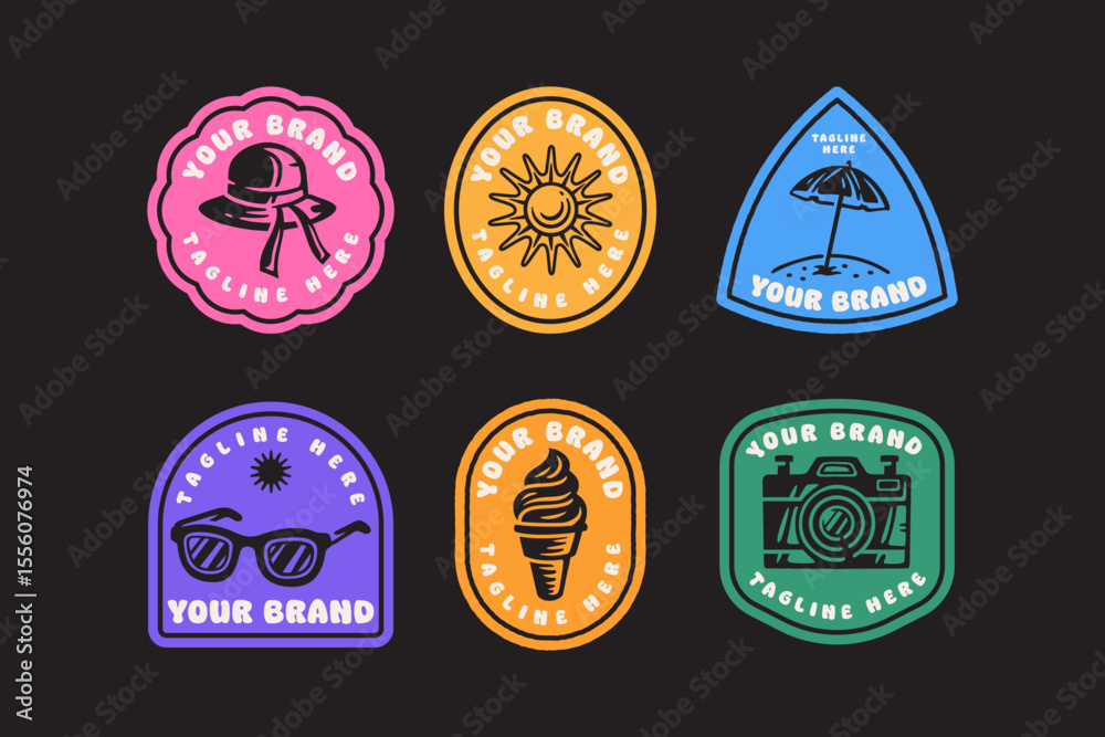 Naklejka premium beach picnic items vintage badge logo set with sunhat, sun, beach umbrella, glasses, ice cream, camera. summer holiday retro label patch sticker collection including beach items, drinks, treats