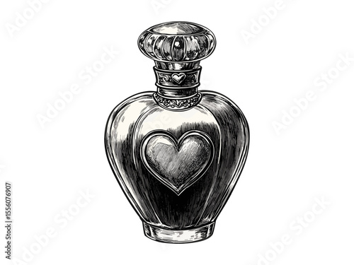 Valentine perfume bottle engraving, vintage romantic holiday fragrance icon, hand-drawn February gift motif, retro sketch style, trendy love illustration, classic antique engraving design,
