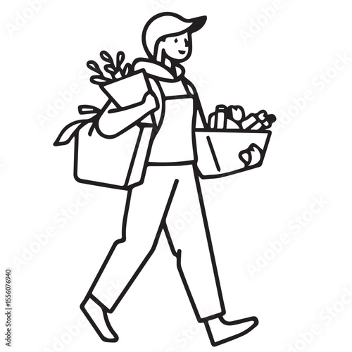 A vector line art illustration depicts a person wearing a cap, walking with groceries in a tote bag and a box, likely after shopping or delivering.