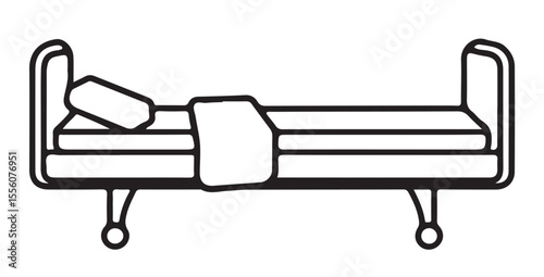 A clean line art vector illustration of a hospital bed with a pillow and blanket, symbolizing medical care, rest, or recovery.