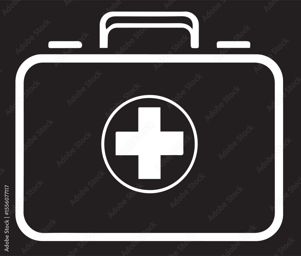 A black first aid kit with a white cross in a circle, representing medical care and emergencies. A black first aid kit with a white cross in a circle, representing medical care and emergencies.