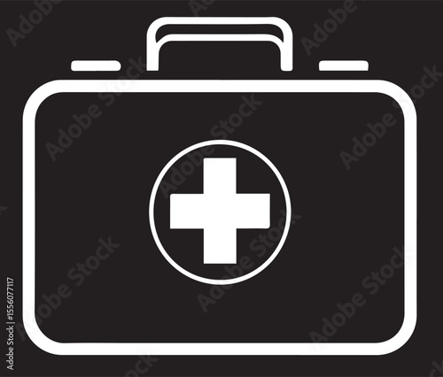 A black first aid kit with a white cross in a circle, representing medical care and emergencies.